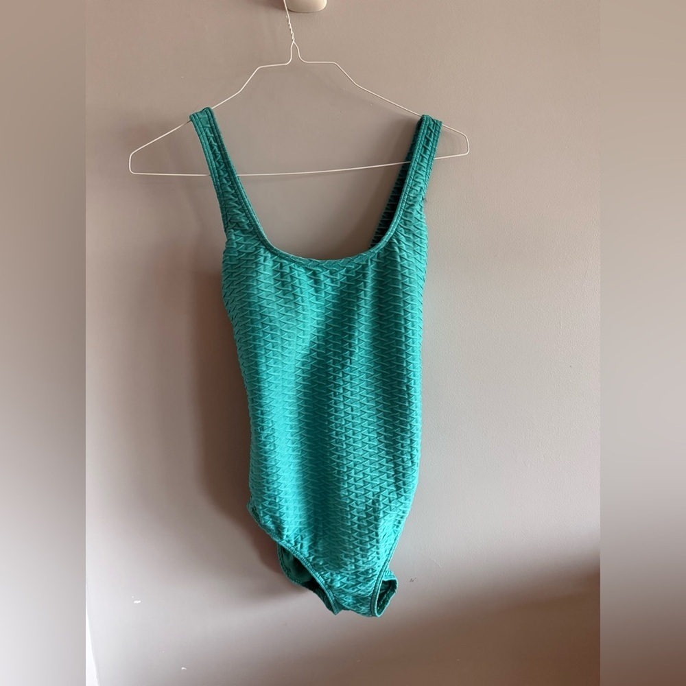 Lands' End Teal Textured One Piece Swimsuit Size 14 Tummy Control Criss Cross